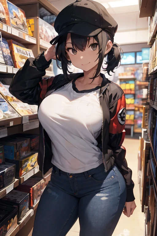 1girl, ((shirt lift)), bag, bangs, standing, black eyes, shiny skin, light smile, masterpiece, best quality, ultra quality, high quality, realistic, photo realistic, RAW photo, hyper detailed, intricate detailed, film grain, department store, multiple girls,