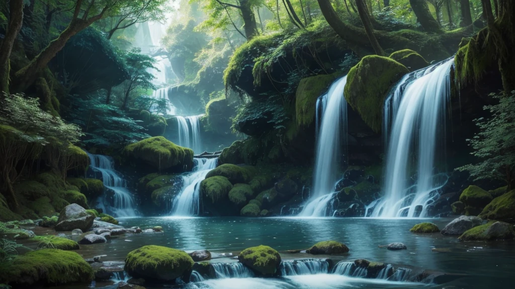scene of a dream where a woman is meditating in a serene magical forest with a stream and waterfalls
