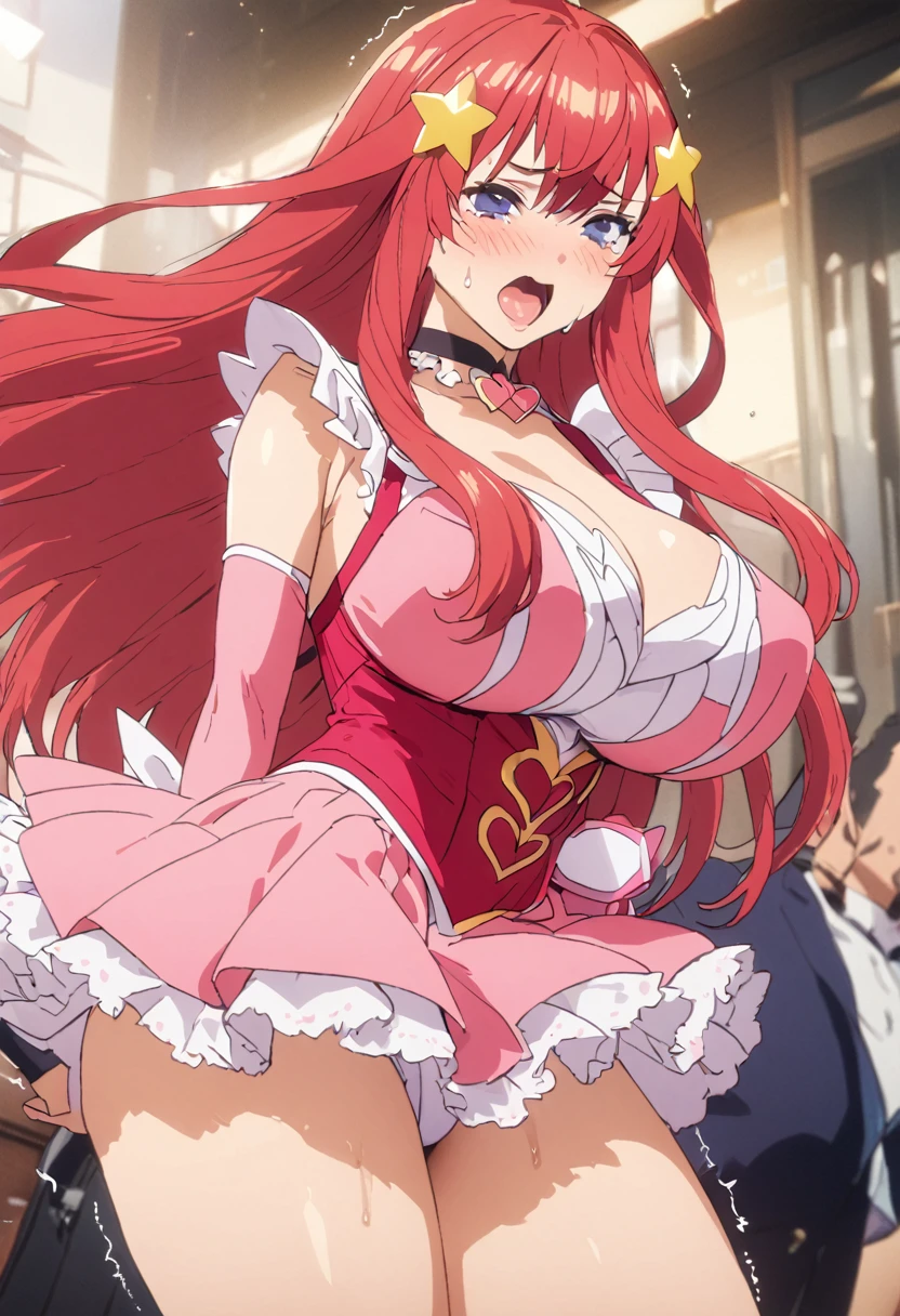 (Highest quality, 4K, 8k, High resolution, masterpiece:1.2), Very detailed, Picturesque, Animated Photography, Photo Animation:1.37)、Japanese schoolgirl、(Red Hair)、(Long Hair)、(yellow star hair ornament)、(magical pink girl outfit,frill mini skirt:1.1)Black choker、Ecstasy face、Sweat、Are crying、vapor、trembling、Nakano May