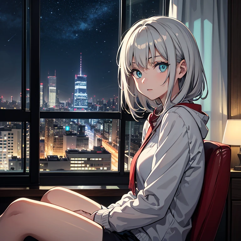 (masterpiece), best quality, turquoise eyes, light gray hair, expressive eyes, Hello, Sitting in a high-rise apartment room, night sky, cityscape, looking at viewer, city lights, window, highlight, dramatic lighting, Calm face,
