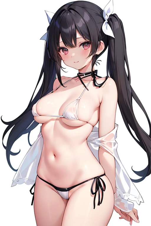 masterpiece,One Girl,solo,Black-haired,Lower ,((Soft and large breasts)),Light_smile,bandage,((NSFW string、Bikini with a small white part,))(((nsfw bikini with narrow fabric area)))Arms crossed,Blonde Hair、Twin tails、Blue eyelids、Wearing panties,Perfectly beautiful arms、Perfectly beautiful legs、