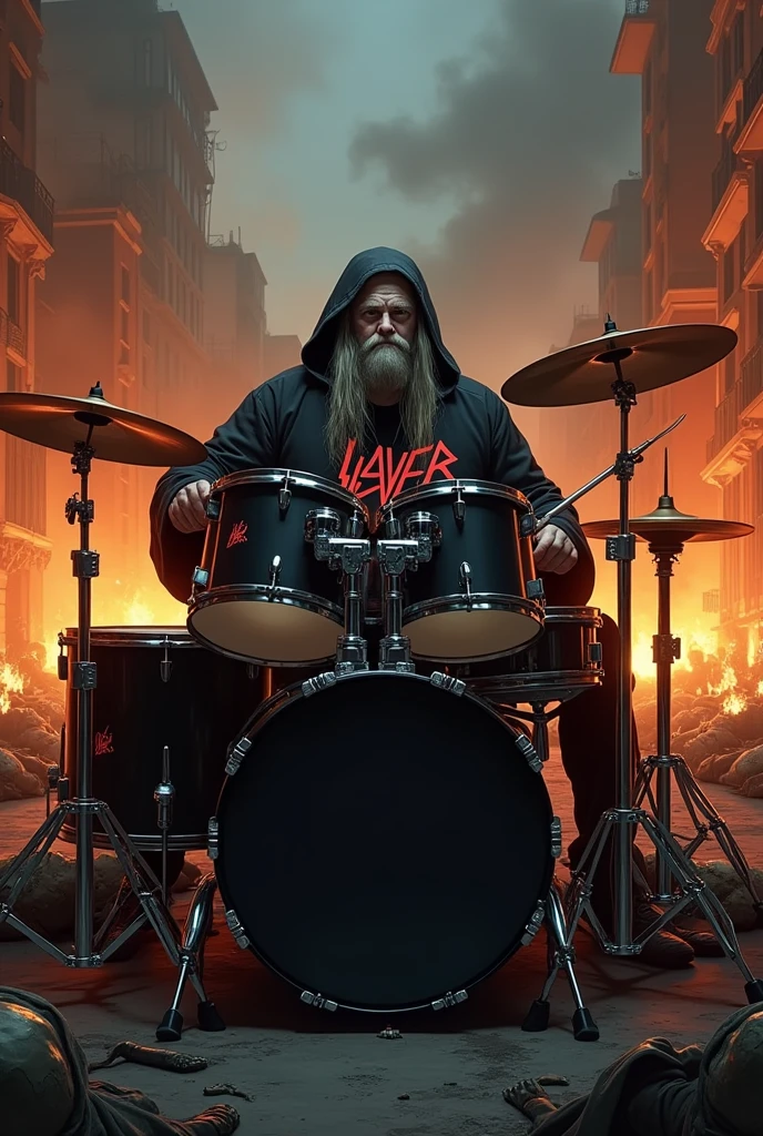Half fat drummer, longye hair, white goatee, hooded dress, blouse with print of the band Slayer symbol, playing on his complete black two-tone drum kit, in the street of the war-torn city and in flames at night, bodies of dead soldiers lying on the ground, smoke