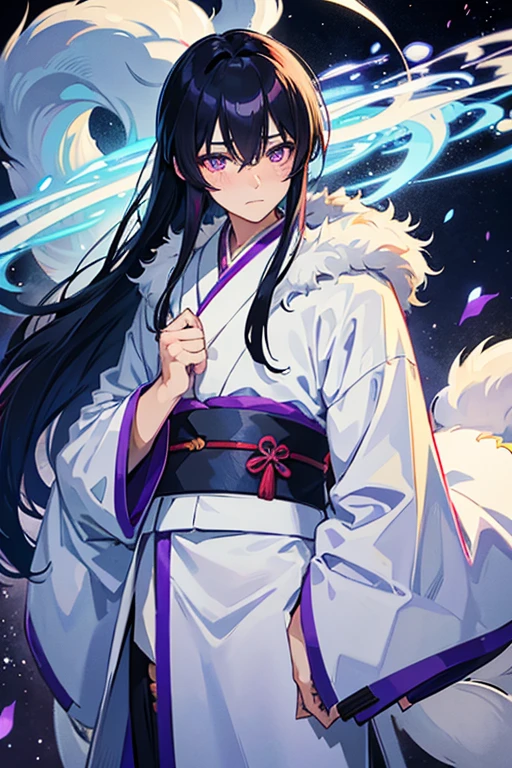 A male Kitsune cub with white fur, Blue-black hair and purple eyes with light blue touches and medium-long hair, a kimono, with a blushing face and a frown