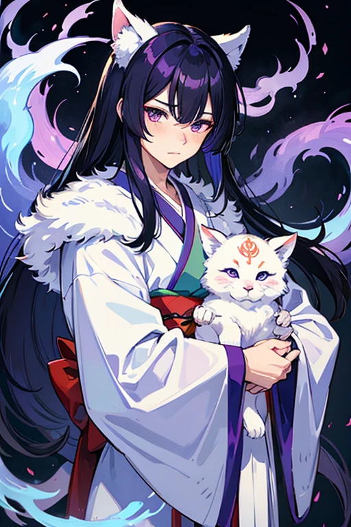 A male Kitsune cub with white fur, Blue-black hair and purple eyes with light blue touches and medium-long hair, a kimono, with a blushing face and a frown 