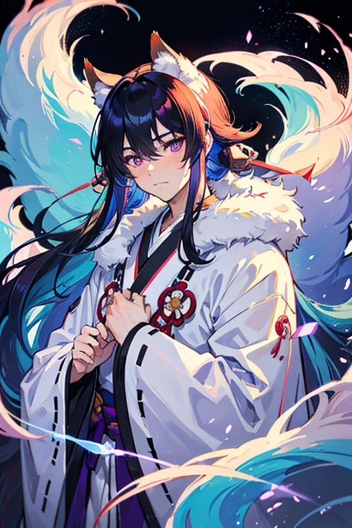 A male Kitsune cub with white fur, Blue-black hair and purple eyes with light blue touches and medium-long hair, a kimono, with a blushing face and a frown