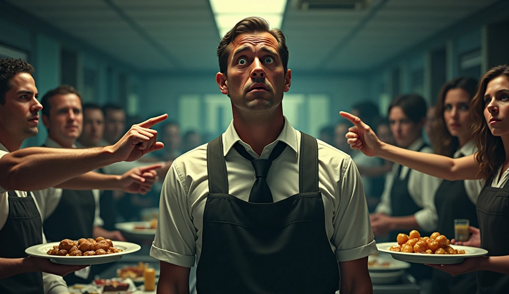 Semi-realistic cinematic illustration of an exhausted cafeteria attendant, bulging eyes, sad and depressed, perspiring, dark circles visible people pointing at him.