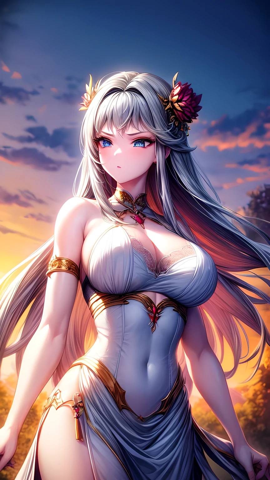 best quality, 30-year-old female, Large Breasts, Brown long hair, blue eyes, tight white dress, Sunset, Upper Body, Sexy, Angelic, Thin fabric, see through, Divine Light, Fluffy clouds, Colorful flower fields,