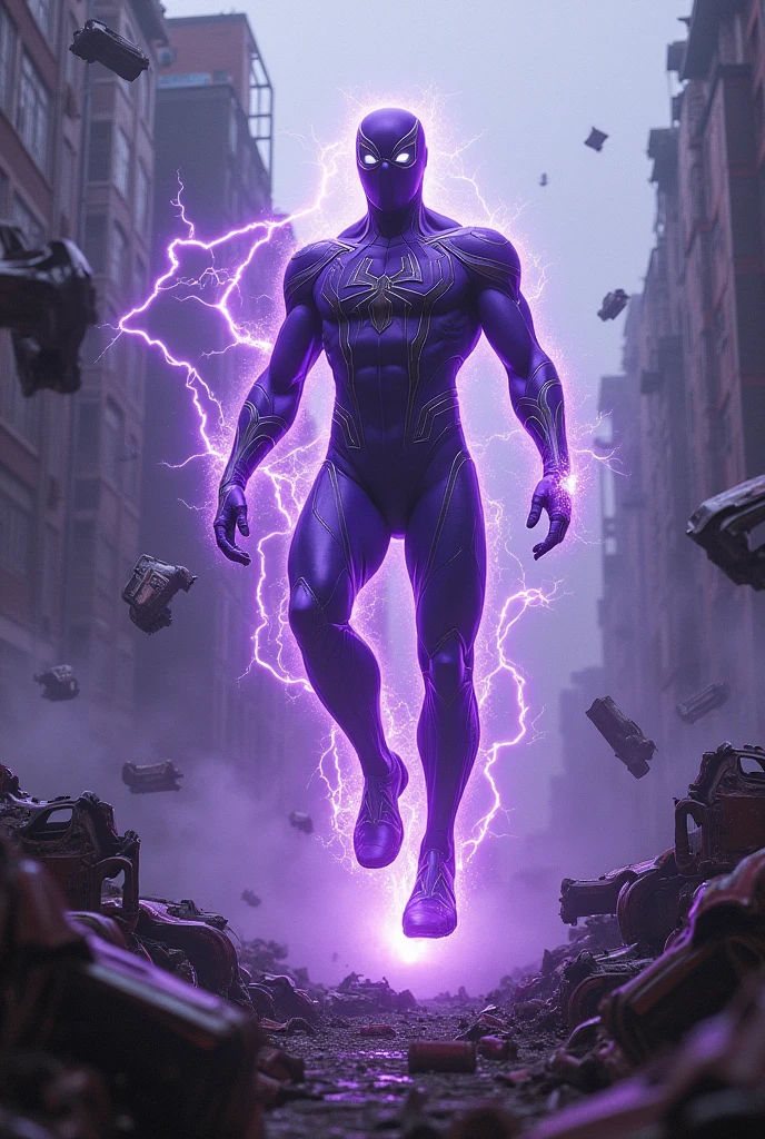 magneto merged with spiderman, dark purple suit, floating mid air, purple suit, in a scrapyard, bent cars floating around, blue purple lightenings, strong magnetic field,