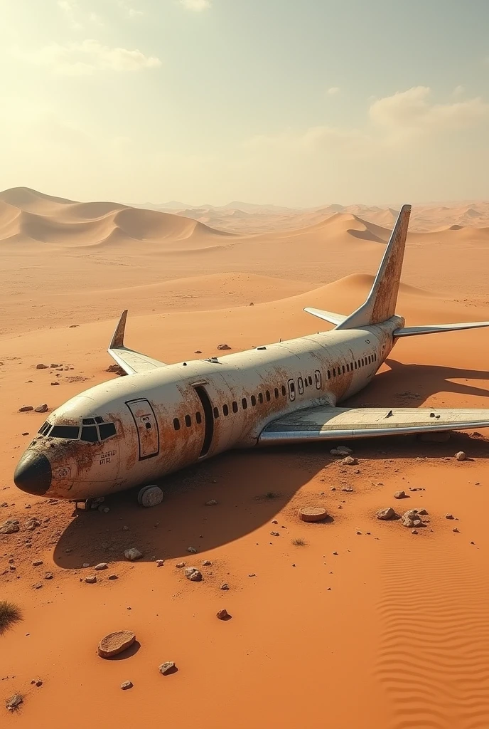 The wreckage of a Boeing 737 passenger plane is stranded in the middle of a vast, seemingly endless desert.