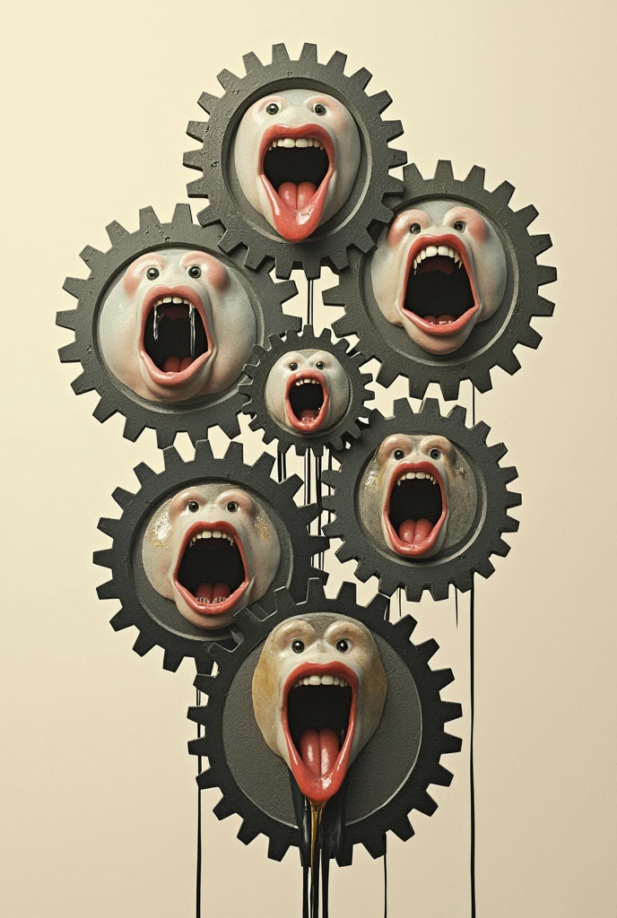 generates an image of a COLLAGE STYLE gear system on a NEUTRAL background being oiled on THE SIDES, The gears have HUMAN mouths in the middle and they open as the oil goes down the same gears.. IT IS A CORPORATE IMAGE IN COLLAGE