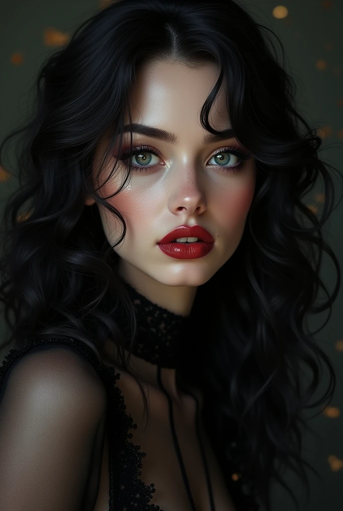 A white girl with big eyes and eyelashes, thin nose, red thick lips and wavy hair 3b, with a very small waist, dark style