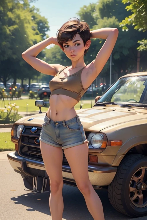 in a park, short pixie cut, brown hair, blue eyes, ((skinny body, armpits, cameltoe)), sneakers, , (((full body view))), daisy dukes, baggy spaghetti strap top, beautiful face, thick eyebrows, fat ass