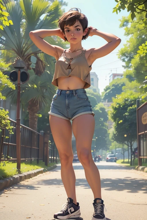 in a park, short pixie cut, brown hair, blue eyes, ((skinny body, armpits, cameltoe)), sneakers, baby face, (((full body view))), daisy dukes, baggy spaghetti strap top, beautiful face, thick eyebrows, fat ass