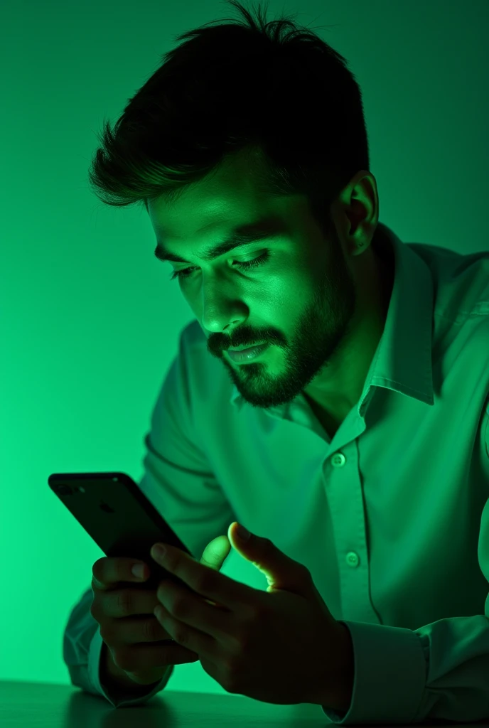 (photorealism: 9:16), A man in front of a cell phone doing facial biometrics, The cell phone gives off a green light
