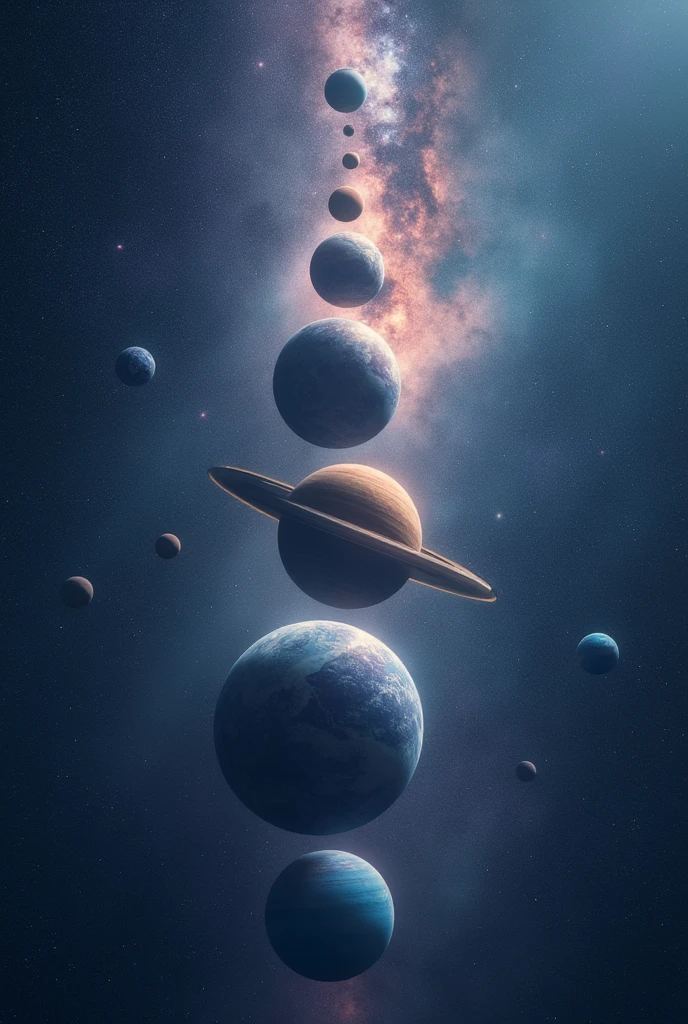 A stunning outer space scene featuring multiple planets of varying sizes, aligned in a vertical formation. The background is filled with a dense cluster of stars, with the Milky Way galaxy prominently visible. Soft blue and purple hues dominate the scene, creating a tranquil and majestic atmosphere. The planets are illuminated gently by distant starlight, highlighting their textures and giving a sense of depth to the vastness of space