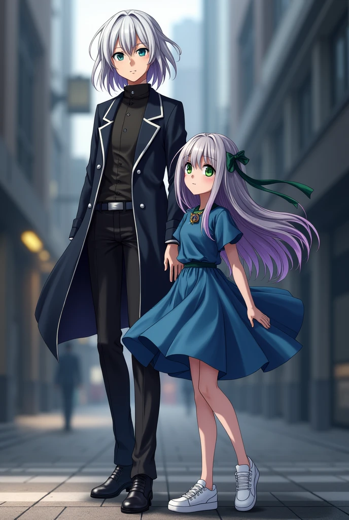 Gin Akutagawa from Bungou Stray Dogs accompanied by a girl with gray and violet hair,green eyes and dressed in a blue dress and white sneakers