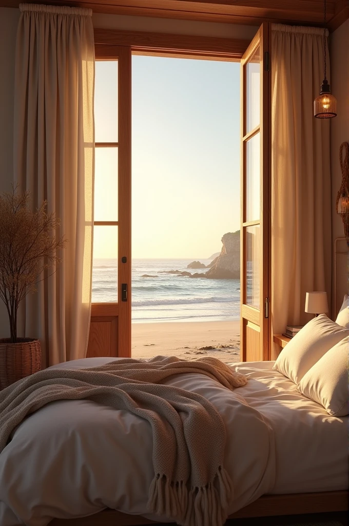 Comfy bedroom with thick blanket and macromae coastal style with a big open window door to the beach in the early morning