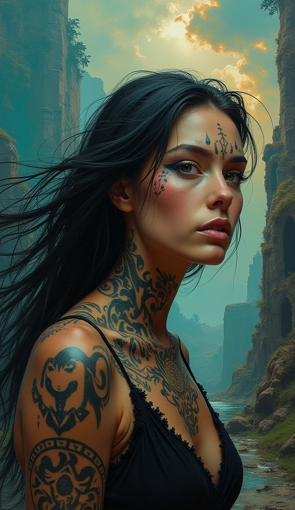 (monochrome:1.3), black and white photography, dark theme, (realistic, photo-realistic:1.37), (oh, woman), woman with tribal tattoos on face and neck, realistic, cowboy shot, fantasy world, vibrant colors, dramatic lighting, oil painting style, mystical atmosphere, flowing hair, surreal landscapes, intricate details, ethereal beings, supernatural elements, ancient ruins, magical creatures
