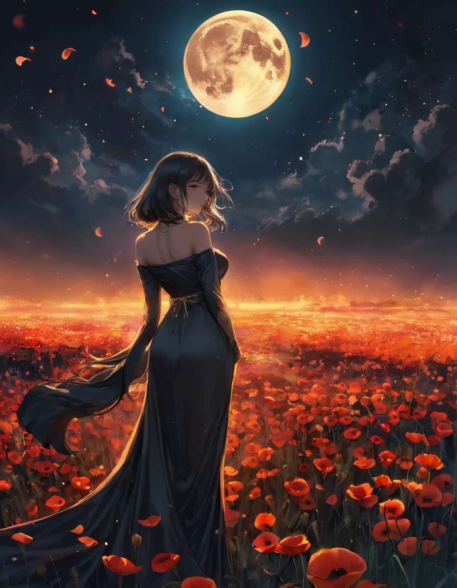 A digital illustration depicts a young woman standing in profile among a sea of vibrant black flowers, likely poppies, in a mystical field at night. The woman has long, sexy Sensual seios big super grander decote dark hair that flows dramatically behind her, caught in a gentle breeze, creating a sense of movement and adding depth to the scene. She wears an off-the-shoulder, silver-gold pinkshock dress adorned with intricate floral patterns featuring pink Neon and gold flowers, as well as small geometric designs. Her face is turned slightly upward, eyes closed, and lips slightly parted, exuding a serene and contemplative expression. The background features a massive, luminous full moon red dominating the upper center of the image, casting a warm, golden-orange glow across the scene. The moon's surface is highly detailed with visible craters and textures, creating a surreal and enchanting atmosphere. The sky surrounding the moon transitions from deep midnight blue to a reddish-black hue near the horizon, dotted with scattered stars. The foreground is filled with numerous bright red flowers with orange centers and delicate, paper-thin petals, their slender green stems and leaves visible. Some flowers appear to glow softly, enhancing the magical quality of the scene. Behind the flowers, tall, golden wheat-like stalks add depth and texture to the midground. The overall composition is centered on the woman, with the moon providing dramatic backlighting that highlights her silhouette. The color palette is dominated by deep reds, vibrant oranges, charcoal blacks, and warm yellows, creating a high-contrast, low-luminance scene with rich saturation. The lighting is soft and diffused, emphasizing the ethereal quality of the moment and contributing to the surreal, dream-like quality of the illustration.