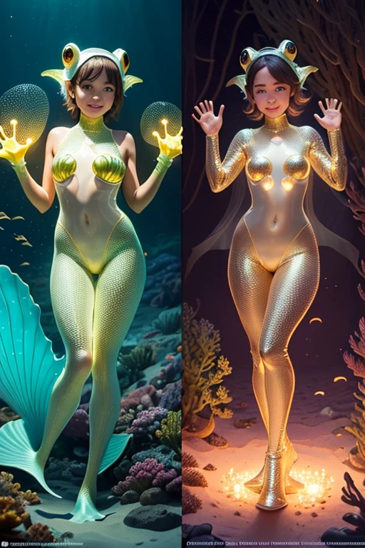 A sexy young 13-yr old Asian charming girl Full body detailed anatomy, perfect face details,((brown skin tone texture)) ( tomboyish hair cut styles), (( wearing illuminating a frog suit head band))(( wearing transparent illuminating frog suit costume sexy full body detailed anatomy )), wearing illuminating transparent two piece frog suit details on skin, wearing slimy frog suit like skin texture body, lifting up plump pussy , wavy short illuminating gold, pink, yellow & green gemstone hairstyles from the flow water, ((having frog suit instead of feet))( frog ears))(frog suit skin arms, torso, bottom, face, neck, shoulder & legs))((showing face near camera)) (accurate details of hands & fingers)) Exposed hard big errect nipples, open legs squat position, exposed pussy line, exposed panties, exposed pussyline, smiling with teeth exposed. Sparkling gray eyes, charms, face details & fucos skin tone texture, swimming under the atmosphere ocean wave creating air bubles with captivating different lighting effects around the background, showing corals, urchins, fish, turtle, whale, bubbles of air for accurate background masterpiece ((with illuminating transparent crystal gemstone frog suit like scales skin textured all over her body)) ((with gills))((holding illuminating a treasure trident)) full details of accessories and props))swimming with ocean current waves under the sea,( many different perspective view character profile, front view, side view, rear view, of same face & clothing girls posing deferent angle))(( perfect details of mermaid body and tail fin anantomy))