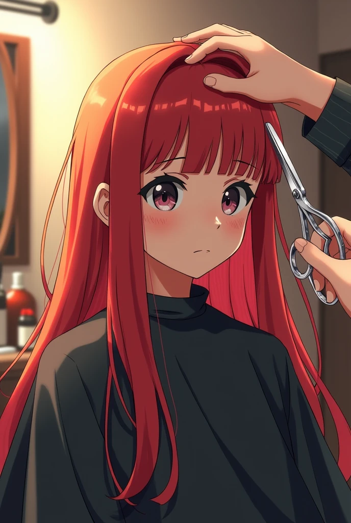 Kushina uzumaki come at barber shop with bun hair ,1 st girl, kushina uzumaki , age 18 year old , barber shop interior, beautiful detailed hair in bun, kushina uzumaki looking at mirror, barber opening kushina uzumaki's bun hair, barber comdin kushina's long red hair and barber take a scissor in her hand, kushina in sad face , barber take her half in her left hand and take a beautiful shine scissor in her right hand