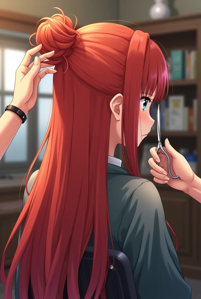 Kushina uzumaki come at barber shop with bun hair ,1 st girl, kushina uzumaki , age 18 year old , barber shop interior, beautiful detailed hair in bun, kushina uzumaki looking at mirror, barber opening kushina uzumaki's bun hair, barber comdin kushina's long red hair and barber take a scissor in her hand, kushina in sad face , barber take her half  in her left hand and take a beautiful shine scissor in her right hand 