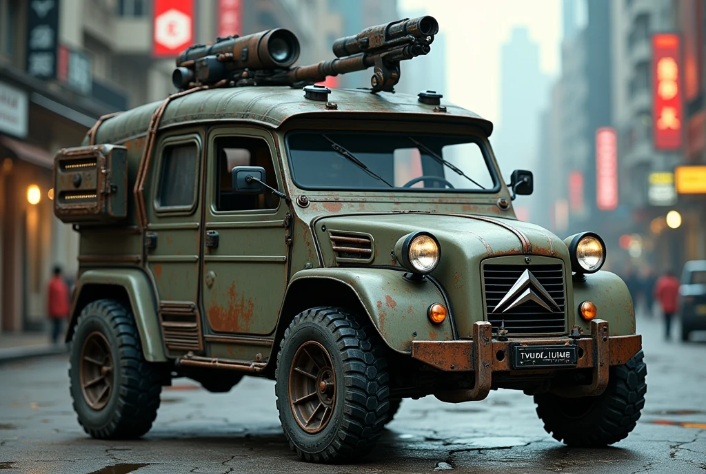 Cyberpunk Citroen vintage armored tuk-tuk、Heavily armed、Shallow depth of field、(masterpiece:1.3) (最high quality:1.2) (high quality:1.1)、Cinematic Light, ((Cinema Lighting),(Natural light),(High level of artistry),(artistic),(Indistinguishable quality from the real thing),RAW Photos,Genuine,Genuine,High resolution,RAW Photos,masterpiece, beautiful,