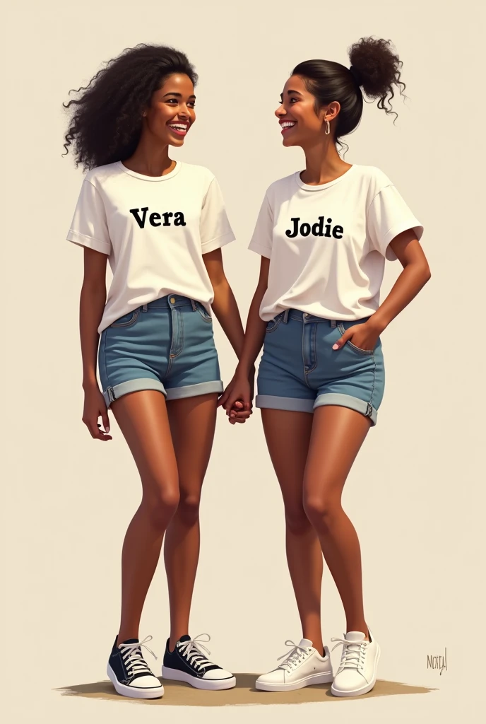 two besties, light brown skin girls,wearing shirts with the name vera and jodie name on them,wearing shorts and sneakers,holding hands and laughing together make it realistic,one girl with short hair and the other with her hair tied up