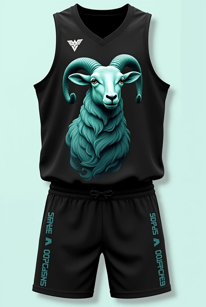 Create a volleyball uniform The predominant color will be black. I would like it to have a lamb drawn on it in teal and with details on the name and the rest of the shirt in white I would like the lamb to have more of his features, representing the image, but without being an image of the lamb itself looking like a third European uniform and the sleeveless shirt without sponsors.


