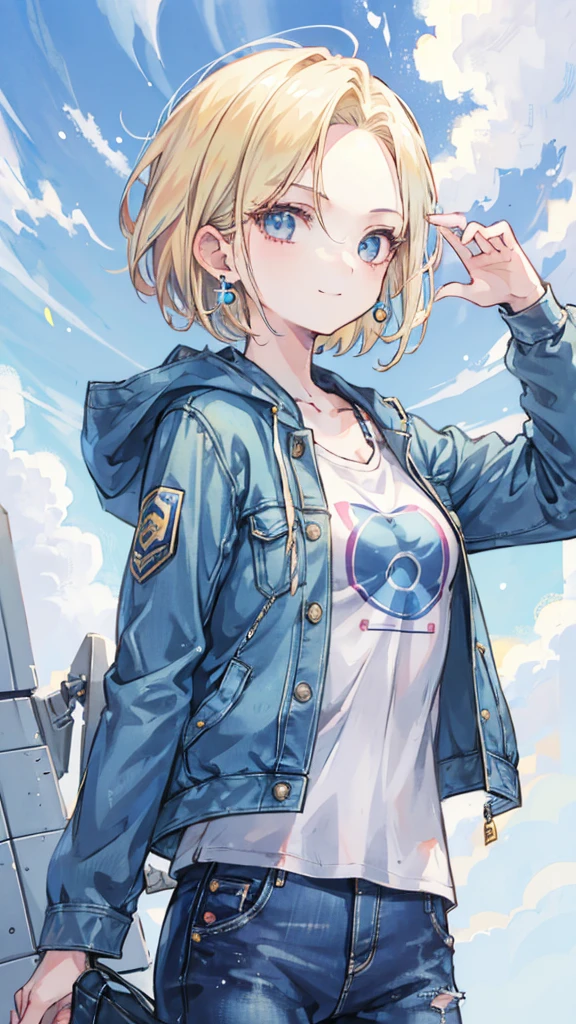 1 Girl, Solitary, android 18, Blonde Hair, blue eyes, short hair, Jewelry, earrings, Smile, jacket, looking off to the side, denim, denim jacket, Upper Body, underwear, Shut up, cloud, sky空, sky, Look away, blue sky空, collarb,