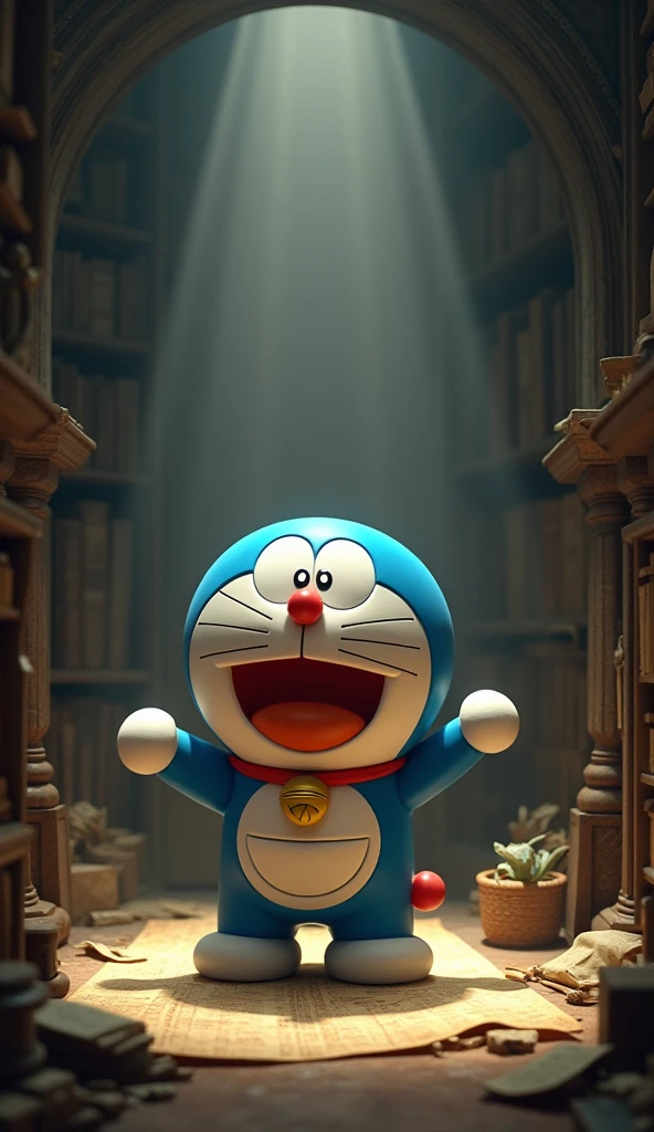 Doraemon stands in a room with dim light, hand holding an ancient map, on the face showing surprise and curiosity. Around him was a dusty space with ancient bookshelves and old objects..