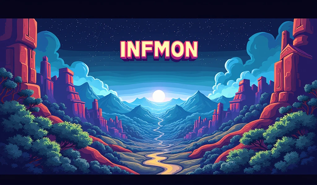 a background for a game menu with INFMON written in capital letters at the top middle of the screen, all this in the form of pixel art like in a video game