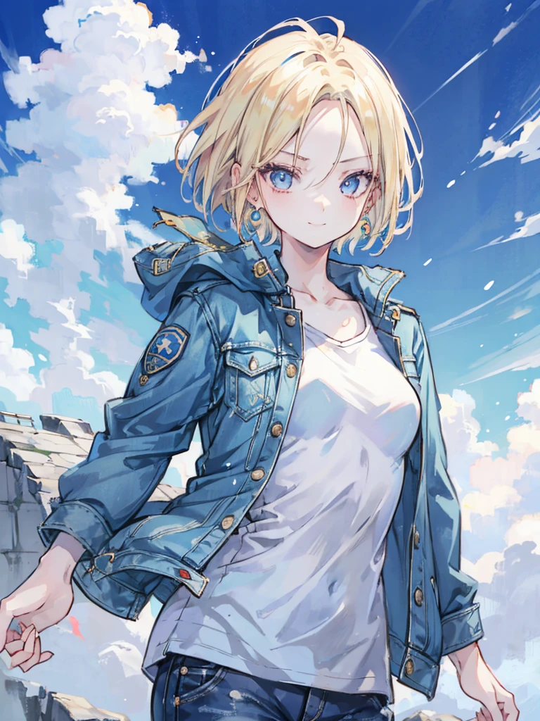 1 Girl, Solitary, android 18, Blonde Hair, blue eyes, short hair, Jewelry, earrings, Smile, jacket, looking off to the side, denim, denim jacket, Upper Body, underwear, Shut up, cloud, sky空, sky, Look away, blue sky空, collarb,