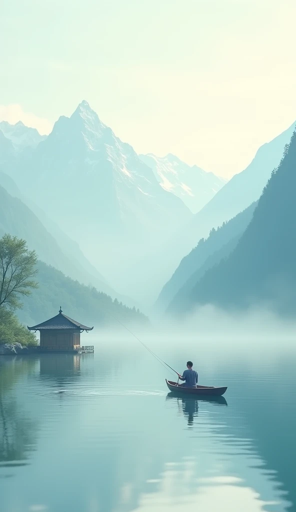 Beautiful distant mountains+Light boat+fisherman fishing+Close view of tree-tiled house、.Soft background.More dreamy and ethereal atmosphere.Cover the screen.More obvious gradation.Bokeh effect.The overall picture is minimalist but rich in layers,Elegance reveals a vague romantic charm。Meticulous photography techniques,Capturing the Zen and tranquility of the tea ceremony,Demonstrate high-quality visual experience。