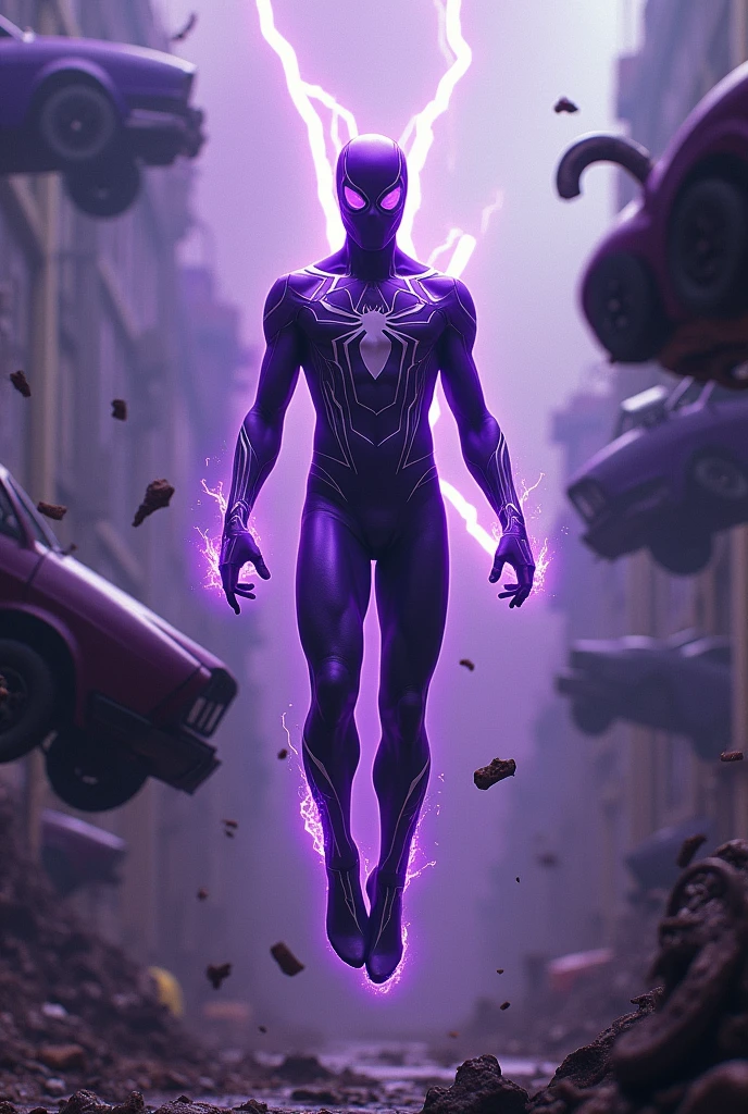 magneto merged with spiderman, dark purple suit, slim fit body, floating mid air, purple suit, in a scrapyard, bent cars floating around, blue purple lightenings, strong magnetic field,