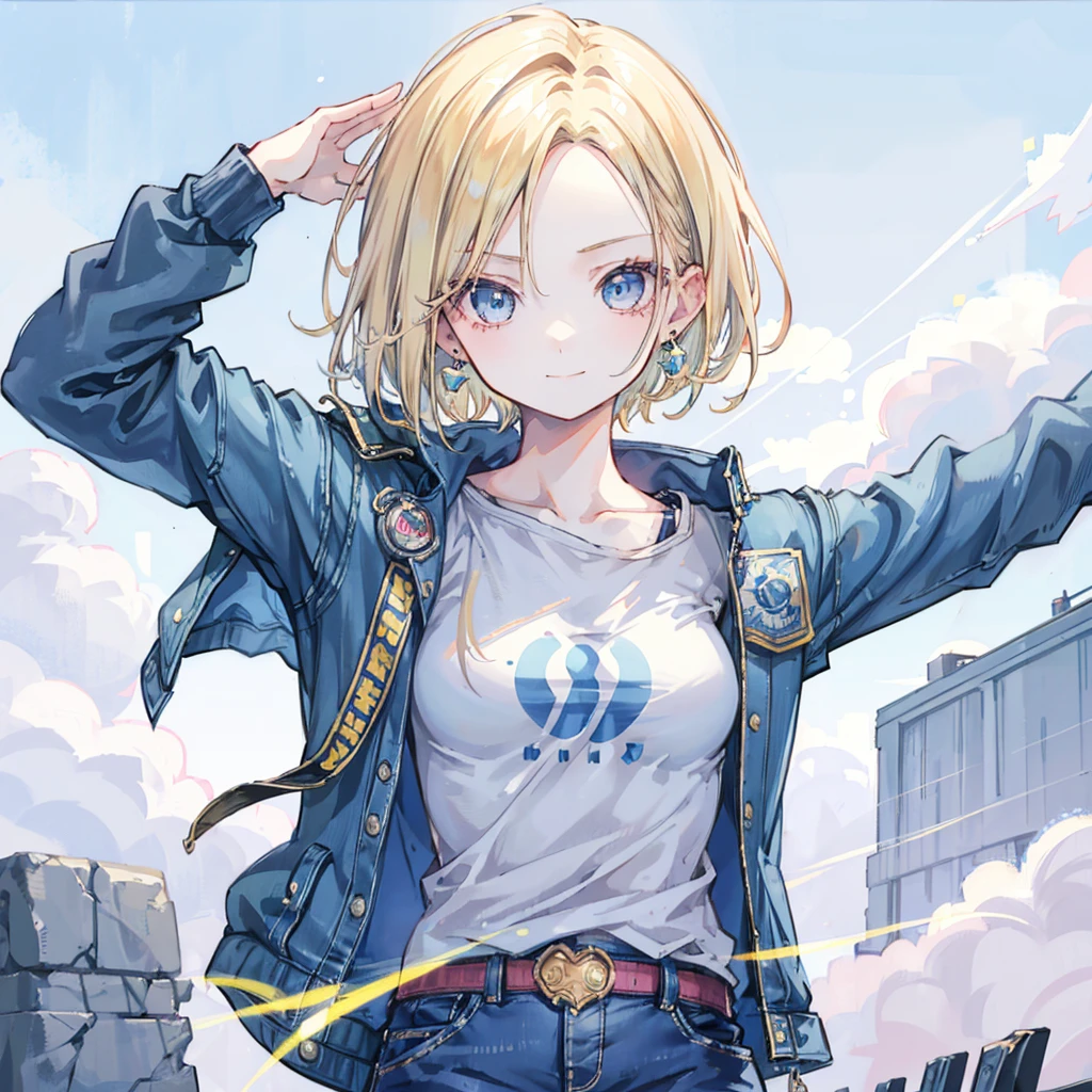 1 Girl, Solitary, android 18, Blonde Hair, blue eyes, short hair, Jewelry, earrings, Smile, jacket, looking off to the side, denim, denim jacket, Upper Body, underwear, Shut up, cloud, sky空, sky, Look away, blue sky空, collarb,