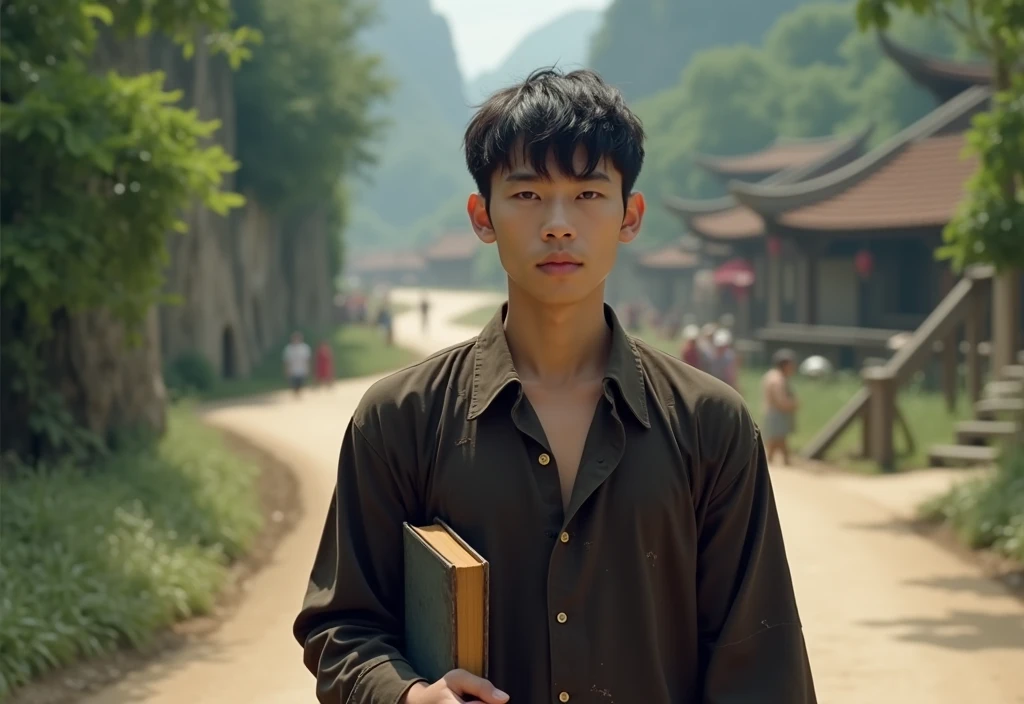 The scene illustrates a serene landscape with mountains and dense trees next to a winding path connecting to a town in the 1930s. A young, handsome, moral, Asian male, approximately 2, wearing a simple and torn dark brown shirt with a close collar, walks along the path, holding a Buddhist book in one hand keep the book close to his side, his serious expression conveying deep thought.