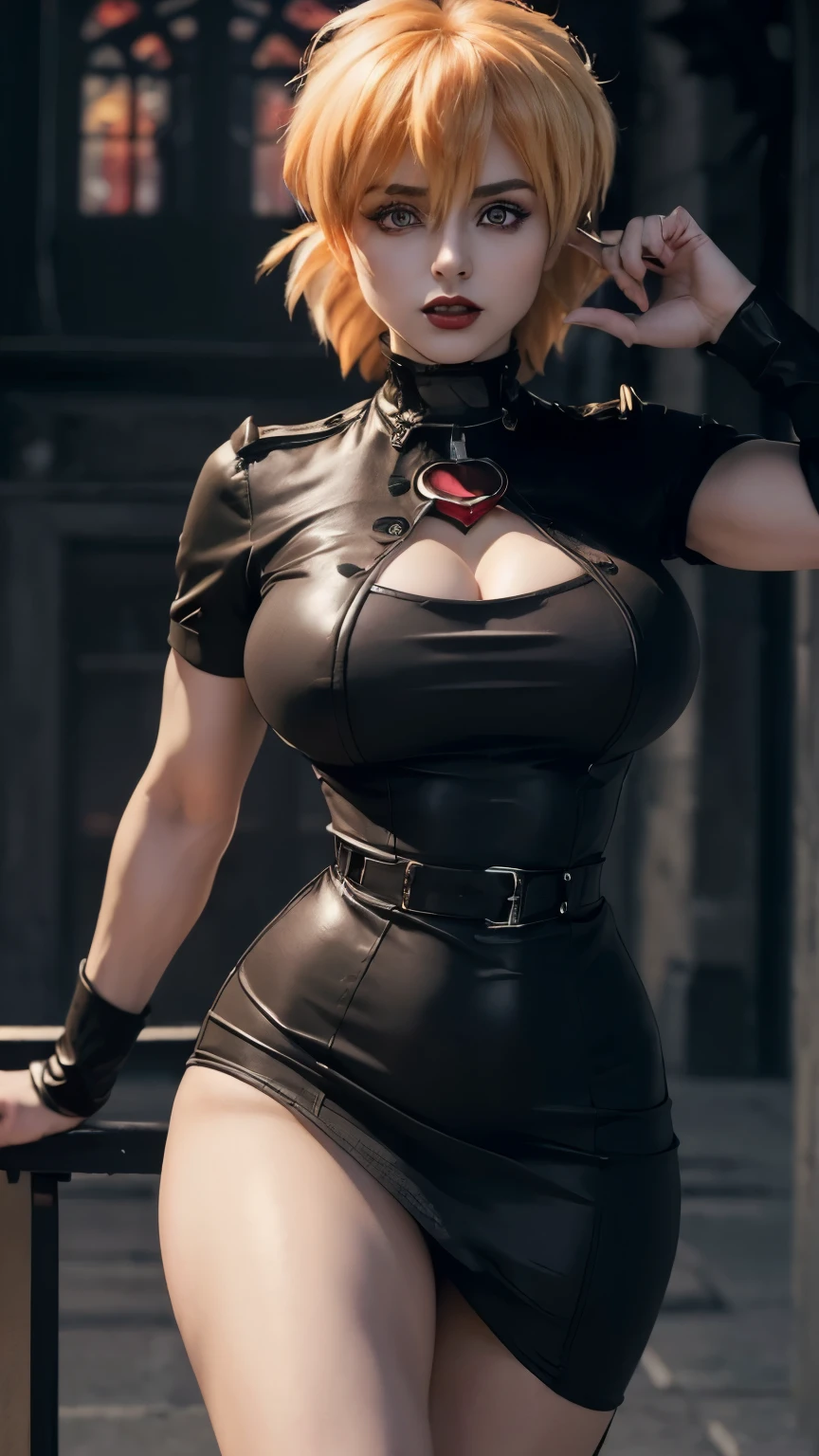 ((best quality, 8K, masterpiece: 1.3)), (sharp focus: 1.2), (a female seras victoria, vampire), extremely detailed red eyes and face, beautiful detailed eyes, (thick, HOT red lips, Bewitching full body, including legs.), defined muscles, Erotic, (( black layered hair, big breasts, big 1.2)), in a dress sexy vampire vampire in a castle, dark