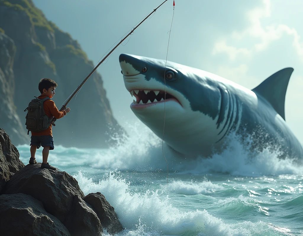 A boy is fishing for a giant shark.