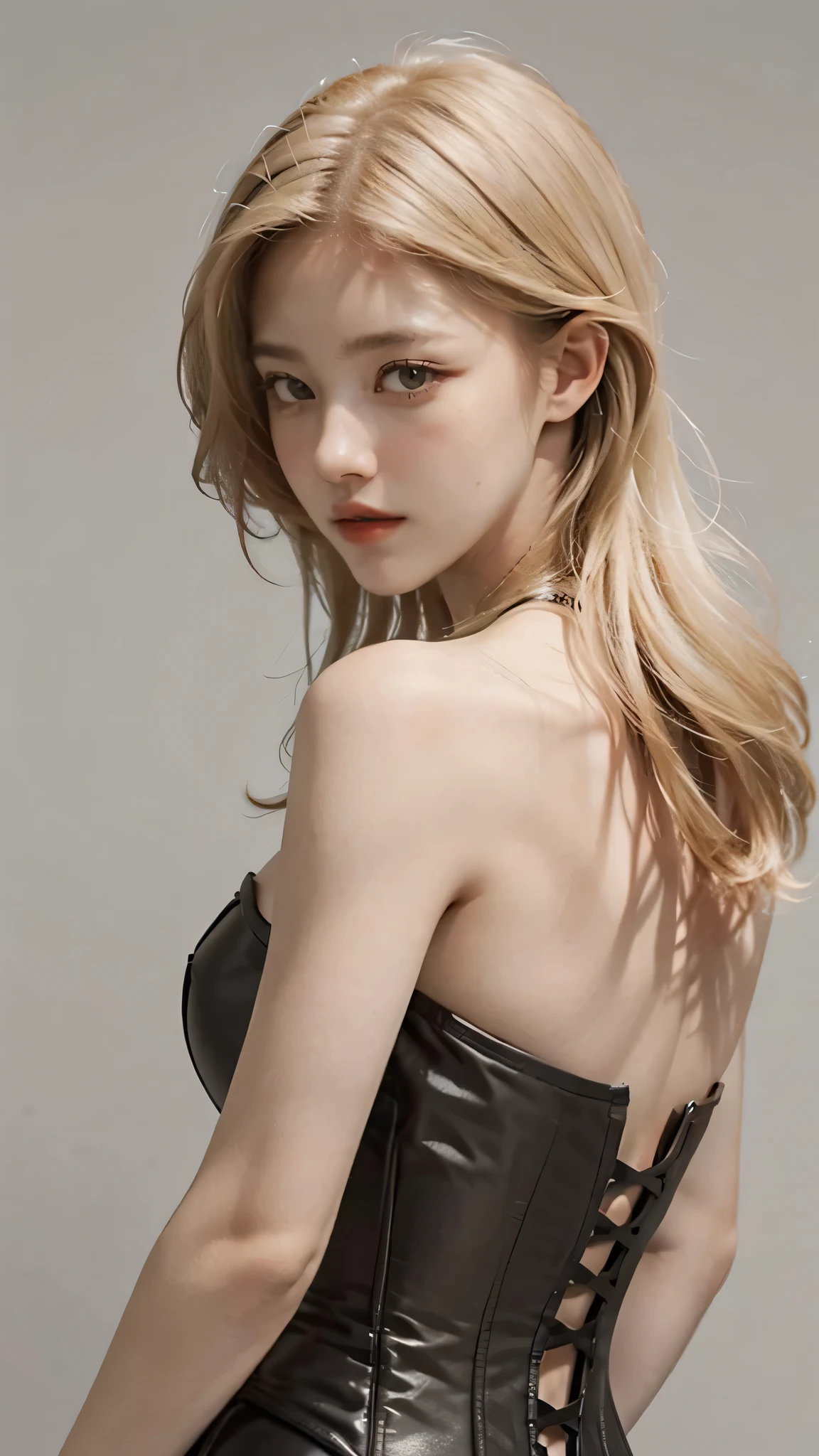 1girl, solo, looking at viewer, blonde long hair, wearing a corset, big ass, brown eyes, upper body, grey background, normal tits, lips, realistic, .