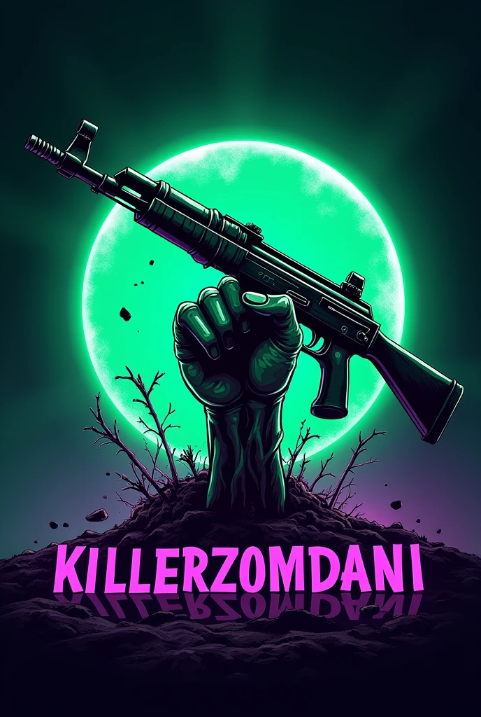 A LOGO, composed of a green zombie hand coming out of the ground with an ak47 in hand. With phosphorescent green and purple colors.
With the name KILLERZOMDANI in bright blue.