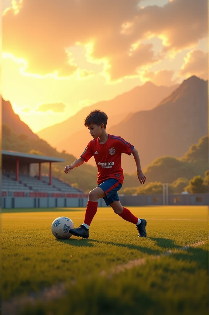 A boys playing football in a open stadium and a beautiful hill and mountain in the background with a sun setting
