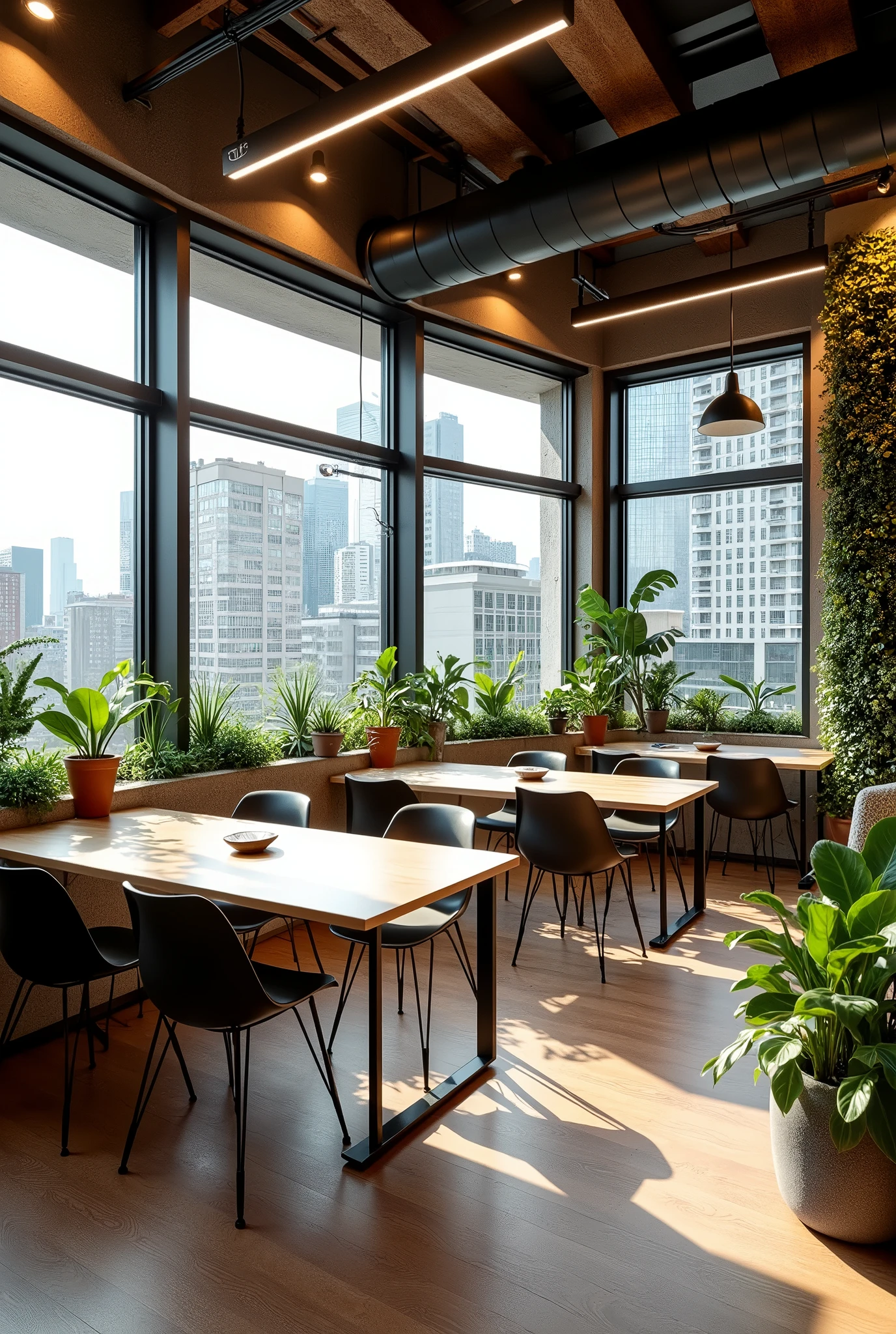 Themed coworking space with meeting spaces with desks and chairs