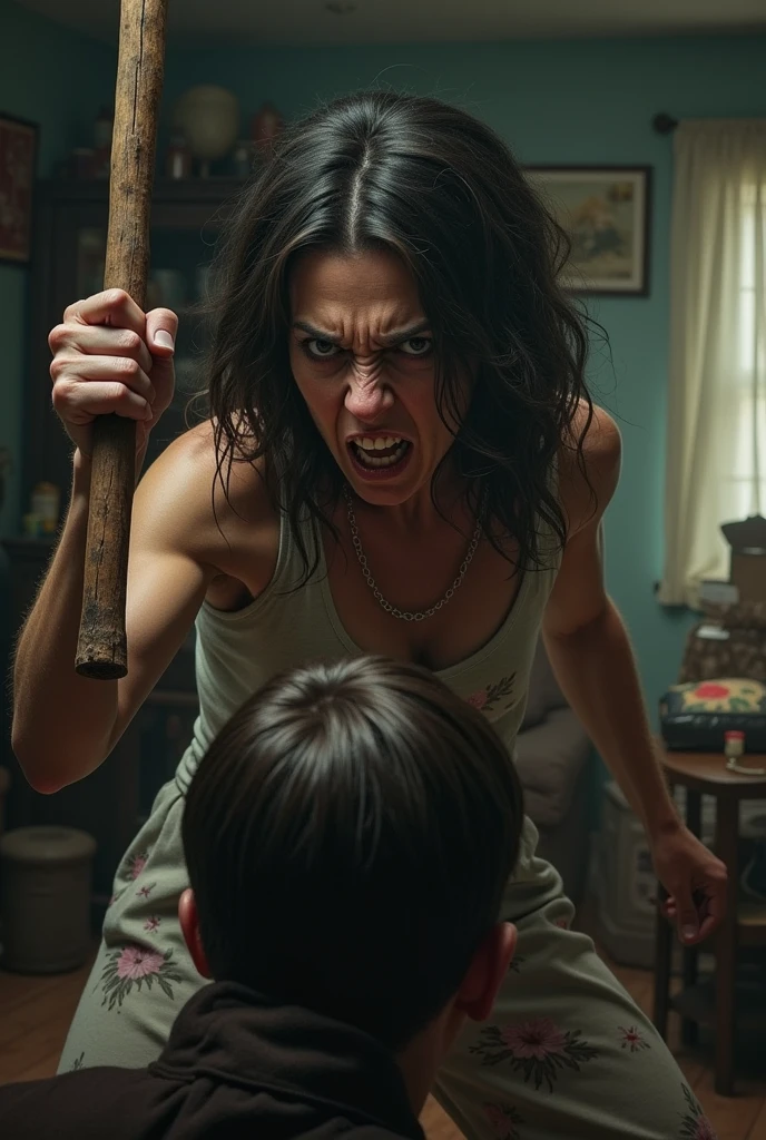 Angry mother with a stick in her hand