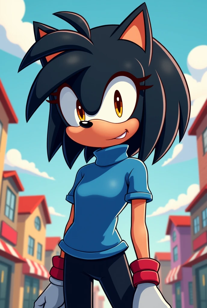 A female hedgehog like amy rose style,black bob haircut with bangs,brown eyes,a blue turtleneck shirt,black pants, Sonic the hedgehog 2d style