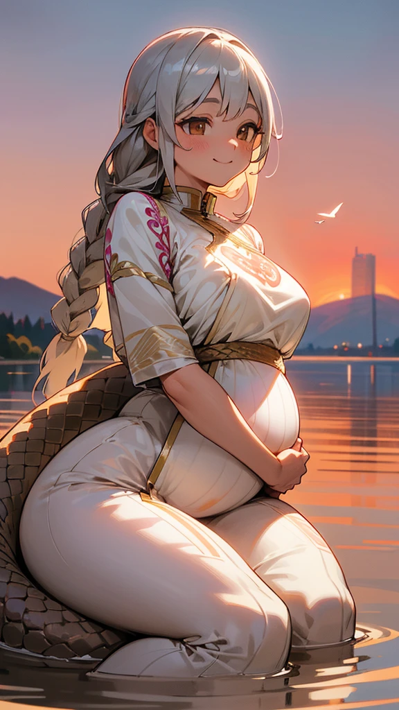 Nordic Beauty　brown　Braid　上eye遣いの　big　Amber　eye　White muscle　round face　Smile　Chubby body type　Voluptuous　breast　Last month of pregnancy　See-through　Pink fabric　Comfortable　shirt　Silver decoration　plural　snake embroidery　Clothing　Sunset　migratory bird　Take Off　Lakeside　Sunabe　front　M-shaped legs　Sitting upright　