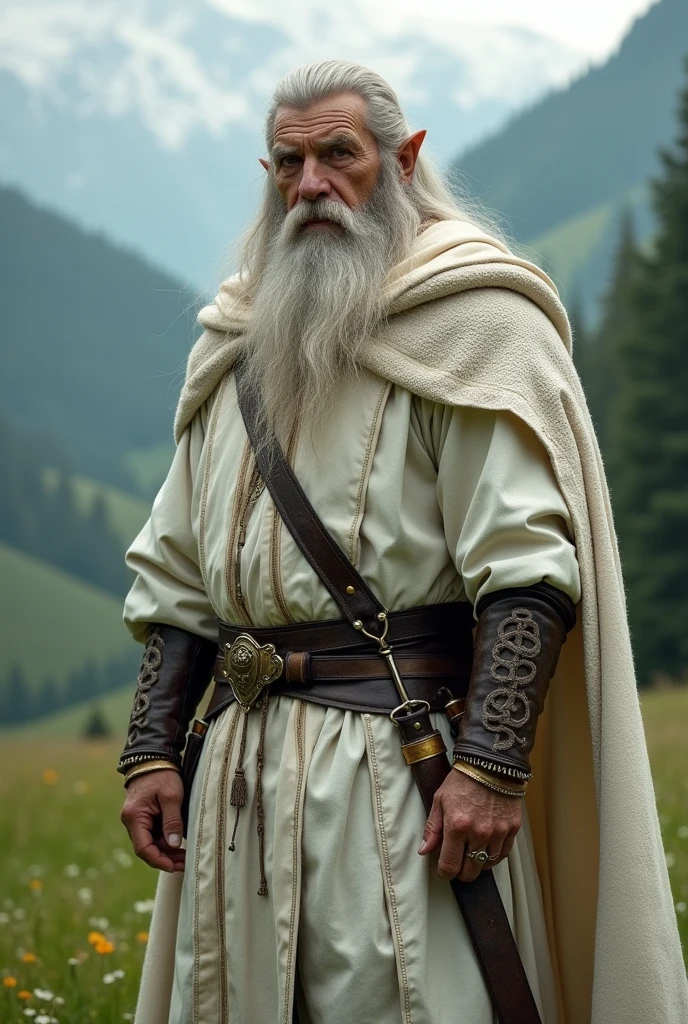 in a medieval world.
A 60 year old elf , brawny,wearing a white noble outfit