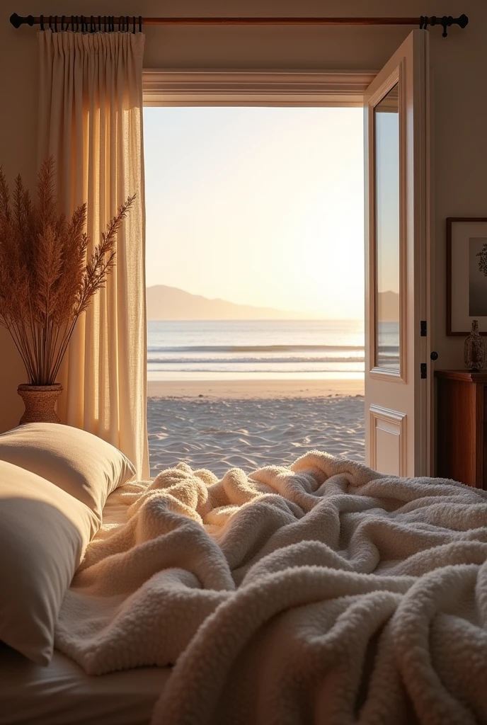 Horizontal picture. Comfy bedroom with thick blanket and macromae coastal style with a big open window door to the beach in the early morning