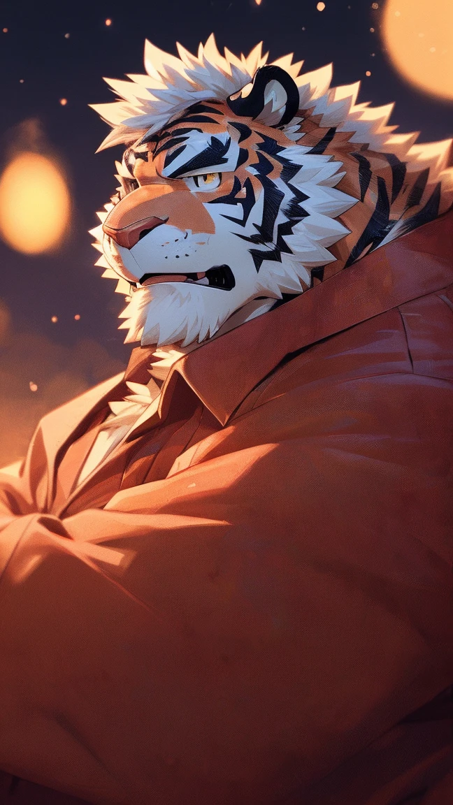 human nature, wild animals, male, 3,uncle,solitary, ((Round Face, The face is plump, Golden Eyes, Thick white hair,Scars)), ((Endomorph, Handsome,Hot Blood)), (Mecha suit,no electricity,exhausted), ((domestic white tiger, Tiger Orc) Fluffy fur, Fluffy, blue stripes), (tiger print), Bokeh, (high quality, high resolution, masterpiece), (Dynamic Lighting, Vibrant colors), (Revitalize,harm,Contempt), Full body pictures , cartoon, author:Takemoto Arashi, From Zixiong, author:Chunni, author:Ethereal,(background:orange town),cool chill poses with smirk,
