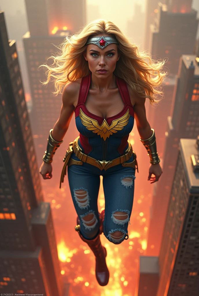 A beautiful woman with long blonde hair wearing a red and blue top with a yellow eagle-like emblem on her chest with ripped blue jeans, boots and gold bracelets, a silver headband with a red star on her forehead flying over an apocalyptic city skyscrapers on fire bloody and scary images